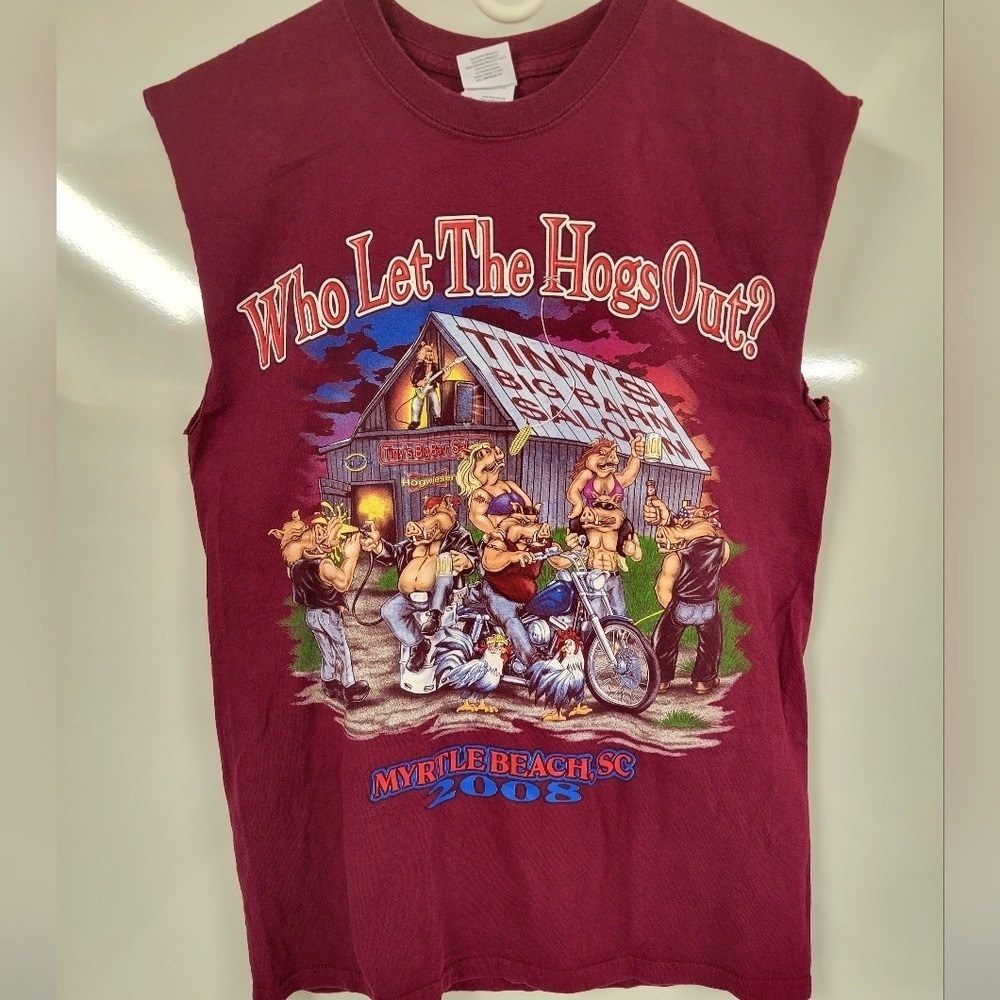Myrtle Beach Maroon Tank Top, Who Let The Hogs Out Motorcycle Funny Tee, Medium